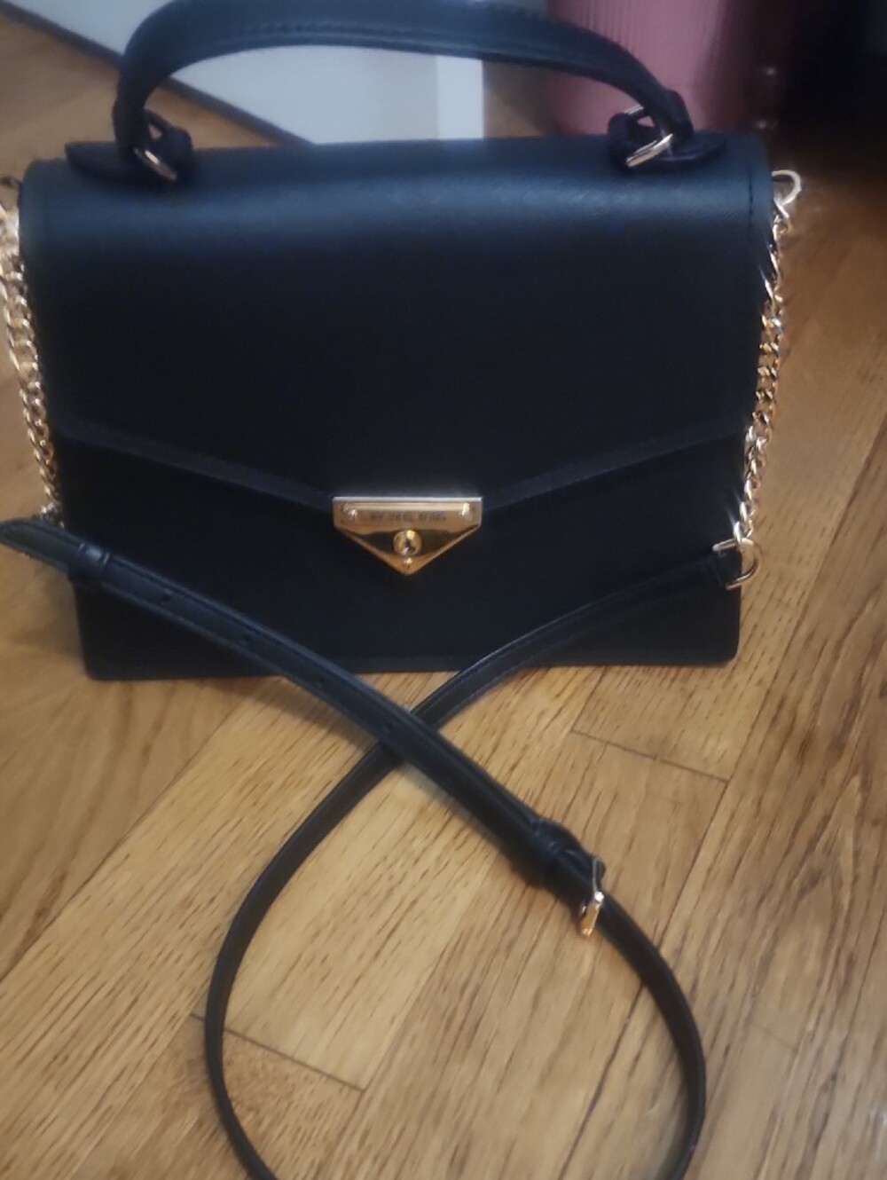 NWT Michael Kors Grace Medium Saffiano Leather Satchel Crossbody Bag Black Gold